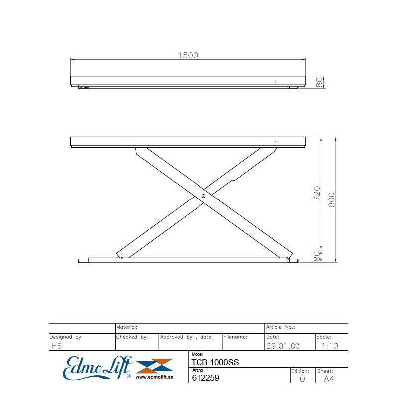 Zv.plošina 1500x800 715mm 1000kg nerezová TCB1000SS